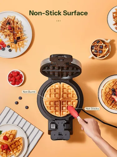 Miniatura 2 de Máquina para hacer gofres, plancha redonda clásica belga para gofres con diseño giratorio de 180°, placas antiadherentes y mango de tacto frío