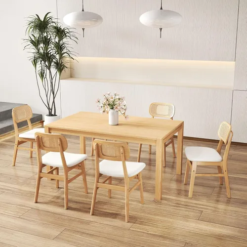 Miniatura 6 de ROCITY Juego de 4 sillas de comedor de ratán, sillas de comedor de lana de cordero blanca, sillas de cocina de madera natural, sillas de granja