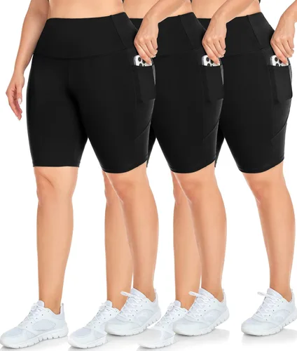 NEW YOUNG Paquete de 3 pantalones cortos de ciclismo de talla grande con bolsillos para mujer, pantalones cortos de entrenamiento de cintura alta