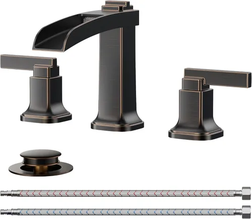 Miniatura 16 de FORIOUS Grifos cuadrados de baño de níquel cepillado y negro de 3 agujeros, cascada de 8 pulgadas, grifo de lavabo de baño con drenaje emergente