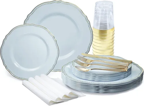 Miniatura 16 de OCCASIONS" Paquete de 50 platos (25 invitados) - Juego de platos de plástico desechables resistentes para fiestas de boda - 25 x 10.25'' para cena