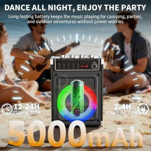 Miniatura 3 de JYX - Máquina de karaoke con 2 micrófonos inalámbricos, altavoz Bluetooth portátil con ajuste de graves/agudos y luz LED, compatible con TWS