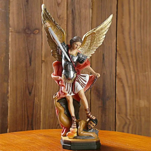 Miniatura 4 de QIANLING Estatua de San Miguel de 12.2 pulgadas, estatuas de Arcángel Miguel, estatua de Arcángel de San Miguel, Arcángel derrotado a Lucifer Rojo