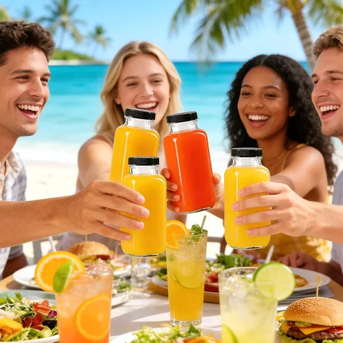 Miniatura 5 de Botellas de vidrio de 8 onzas con tapas, paquete de 16 recipientes reutilizables para jugo con cepillo de limpieza, botellas de agua de vidrio