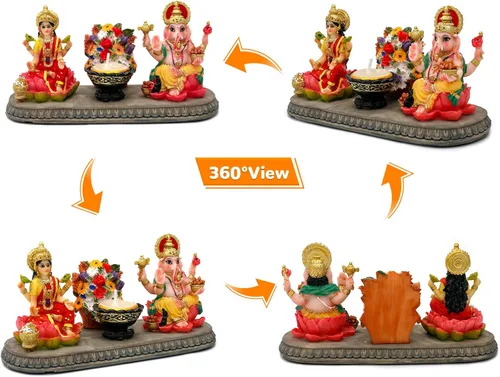 Miniatura 5 de BangBangDa Lakshmi - Estatua de Ganesha con Diya – 4.1 pulgadas de alto, diosa hindú de Polystone Laxmi e ídolo Ganesa para Diwali/Año