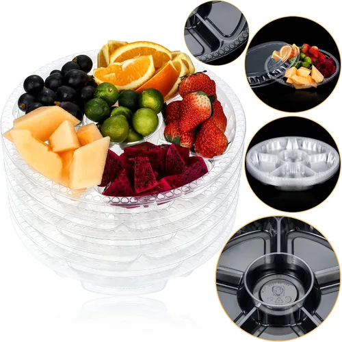 Miniatura 3 de Paquete de 12 bandejas redondas de plástico para verduras con tapa, bandeja de frutas, contenedor de 6 compartimentos divididos, bandeja para servir