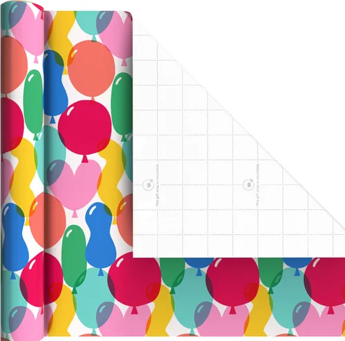 Miniatura 7 de Hallmark Mini rollos de papel de regalo de cumpleaños, paquete de 3 (rayas de arco iris, globos coloridos, lunares sobre azul) para graduaciones