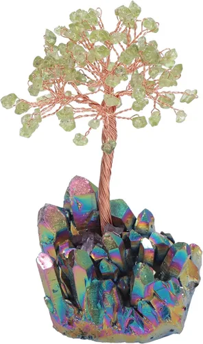 Árbol de cristal de peridoto con base de cristales de titanio arcoíris, bonsái de dinero de reiki curativo para decoración de escritorio de oficina