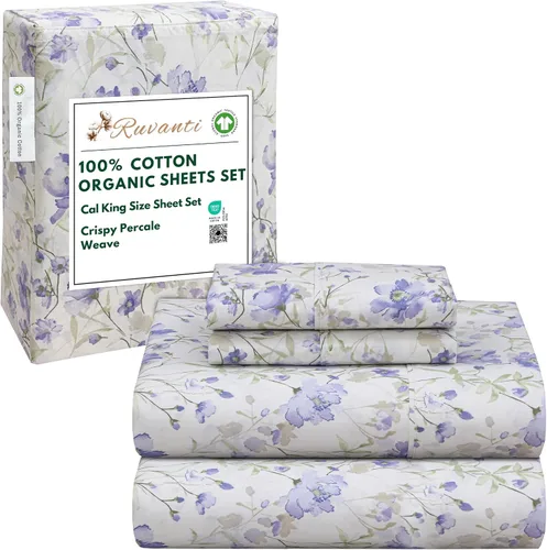 Miniatura 169 de RUVANTI Juego de sábanas de algodón orgánico 100% tamaño completo, tejido de percal, certificado GOTS, juego de 4 piezas, bolsillo profundo de 15