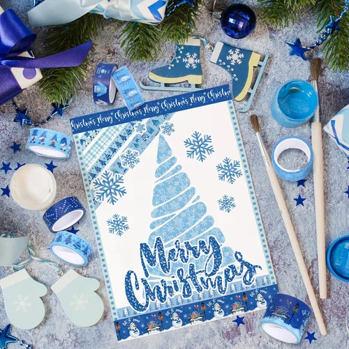 Miniatura 7 de Whaline 16 rollos de cinta Washi de invierno, 4 tamaños, cinta adhesiva Washi azul para Navidad, copo de nieve, muñeco de nieve, papel decorativo