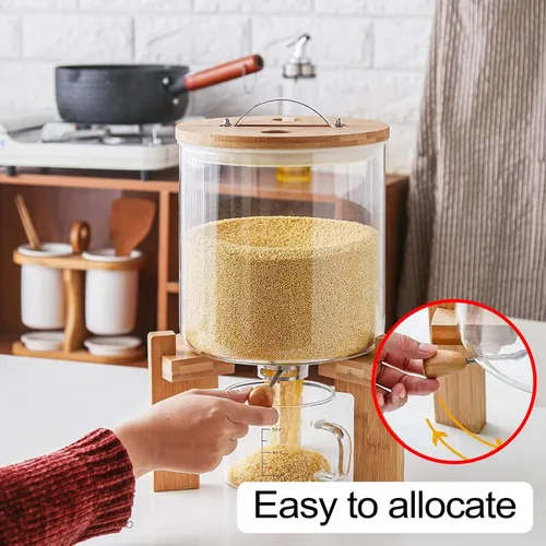 Miniatura 5 de Dispensador de arroz de 5 L, cubo de vidrio dispensador de granos, dispensador de cereales para cocina y organización de despensa, recipiente grande