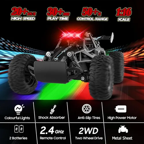 Miniatura 2 de Auto de control remoto para niños de 3, 4, 5, 6, 7+, coches RC de 20 KM/H de alta velocidad con luces LED, 2.4 GHz 2WD Monster Truck juguetes, auto