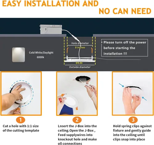 Miniatura 8 de Luz empotrable LED de 8 pulgadas, luz diurna de 18 W y 6000 K, no regulable, 1 paquete de iluminación LED empotrable ultrafina con caja