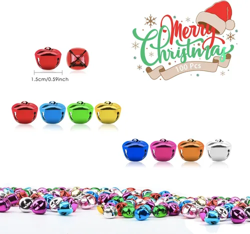 Miniatura 7 de Cascabeles de cascabel, paquete de 100 campanas grandes de colores, campanas de Navidad, campanas de metal, campanas de bricolaje a granel