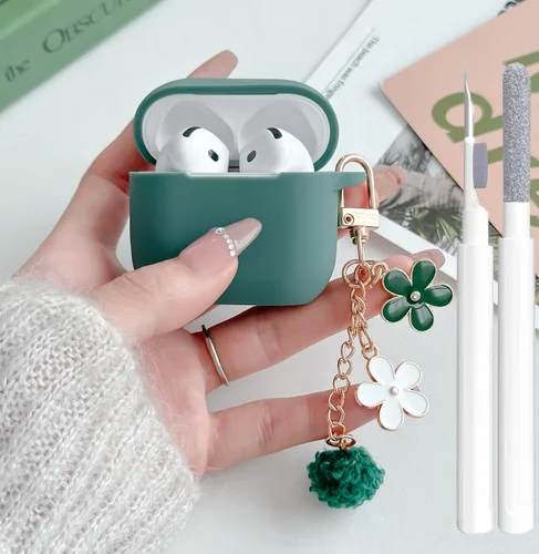 Miniatura 12 de Bonita funda negra para Airpods de 2ª/1ª generación para niñas y mujeres, con llavero de pompón de flores y kit de limpieza, funda protectora tipo