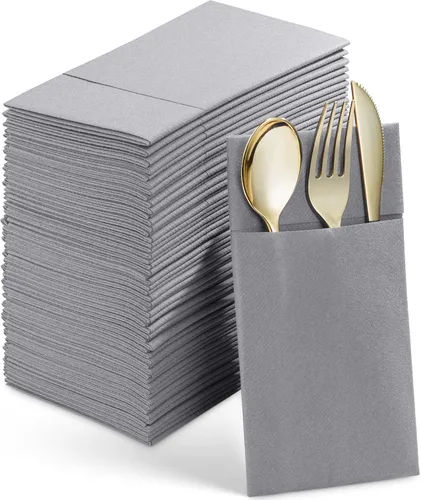 Miniatura 16 de Paquete de 50 servilletas desechables de lino con bolsillo integrado para cubiertos, tela preplegada azul como servilletas de papel para bodas