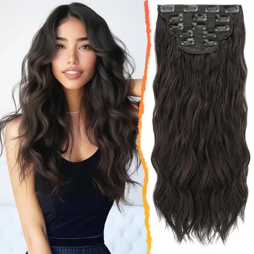 Miniatura 23 de BARSDAR Extensiones de cabello ondulado con clip, color marrón chocolate oscuro, extensiones de cabello con clip de 20 pulgadas para mujer, 5 piezas