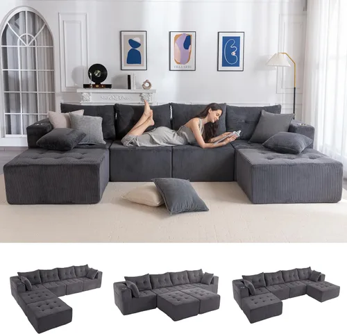 Miniatura 11 de MAXYOYO Sofá modular, moderno en forma de U con 2 otomanas, sofá en una caja, silla copetuda de 6 asientos sin hueso para sala de estar, no requiere