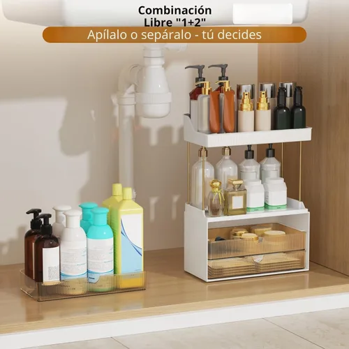 Miniatura 5 de StorBin Organizador de maquillaje de 3 cajones grandes, organizador de encimera de baño de 5 niveles y almacenamiento, organizador versátil de Ámbar