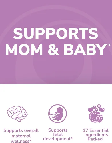 Miniatura 7 de Lunakai Vitaminas prenatales 17 en 1 fabricadas en Estados Unidos para mujeres con hierro y ácido fólico, deliciosas gomitas prenatales diarias
