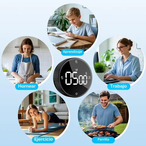 Miniatura 8 de Temporizador magnético de cocina para cocinar con alarma fuerte - Gran pantalla LED de cuenta atrás rotativa Pomodoro, preajuste de 5/15/25 minutos