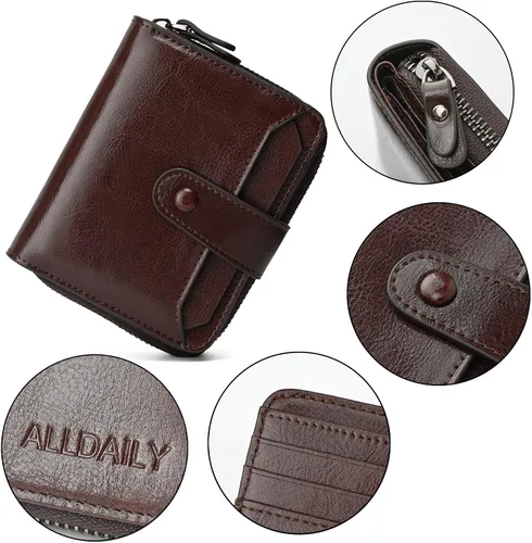 Miniatura 6 de Carteras pequeñas para mujer, con bloqueo RFID, de cuero, con cremallera, bolsillo para monedas, tarjetero, con ventana de identificación, Café