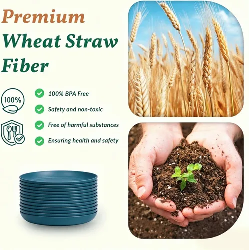 Miniatura 3 de Homienly Party Plates 12 PCS Wheat Straw Deep Plates 9 Inch Plastic Plates Alternative for Salad,Pizza,Hamburger,Unbreakable Kitchen Plates for