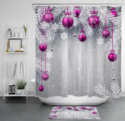 Miniatura 10 de LB Pink Christmas Shower Curtain Sets with Rugs Snowflake and Fir Twigs with Xmas Ball on Rustic Grey Wood Fabric Shower Curtain with Hooks Winter