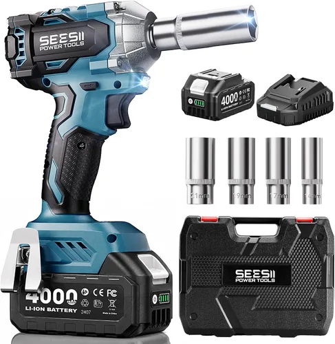 Seesii Llave de impacto inalámbrica de 3/8", pistola de impacto eléctrica con par máximo de 330 pies-libra (450 N.m), batería recargable de 4.0 Ah y