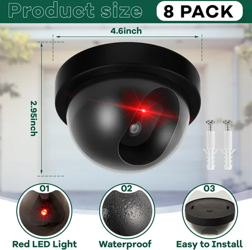 Miniatura 2 de Kanayu Paquete de 8 cámaras de seguridad falsas, cámara de seguridad falsa CCTV, seguridad falsa con luz LED roja intermitente, señuelo de Negro