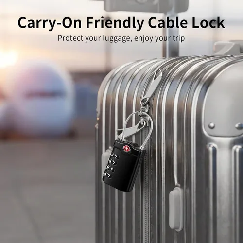 Miniatura 5 de XOOL 2 cerraduras de equipaje aprobadas por la TSA de 4 dígitos con cable de acero flexible, candado de equipaje reajustable para maletas, mochilas