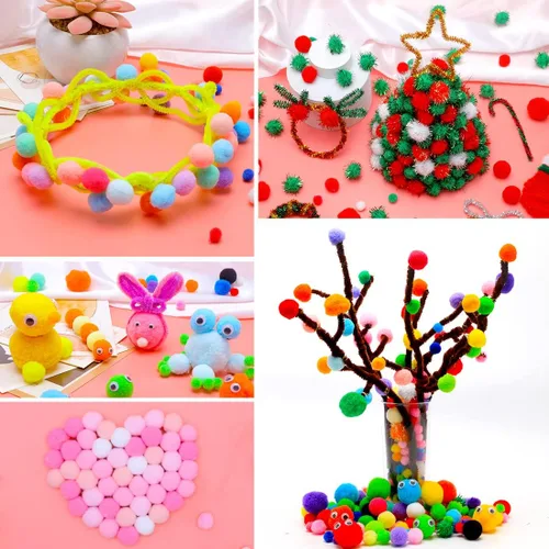 Miniatura 3 de Iooleem Pompones rosados – Tamaño surtido, 1200 piezas con ojos móviles, opciones de purpurina, perfectos para artes y manualidades