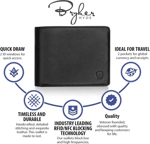 Miniatura 3 de Bryker Hyde - Billetera para hombre con protección de RFID, doble tapa, para 1 o 2 tarjetas de identificación, capacidad extra, billetera de viaje