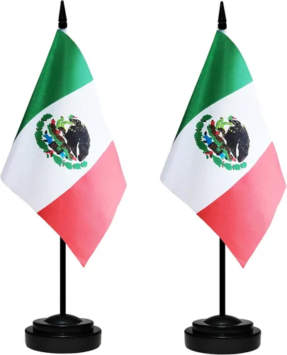 Juego de banderas de escritorio de México, paquete de 2 banderas de mesa mexicanas, mini bandera de escritorio pequeña con poste negro sólido de 12