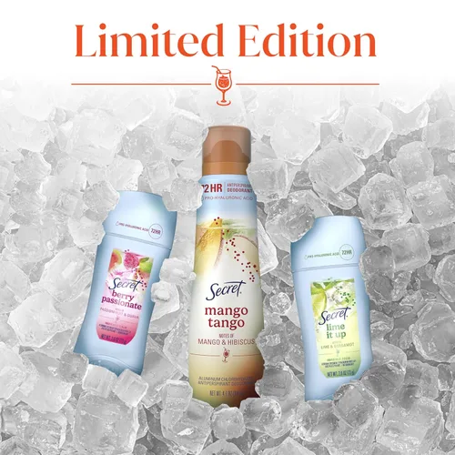Miniatura 11 de Secret Dry Spray Desodorante antitranspirante para mujeres, 72 horas de frescura en las rocas con ácido prohialurónico, edición Miami Mocktails