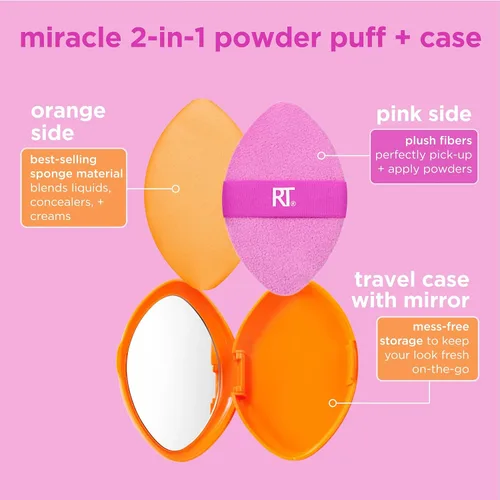Miniatura 3 de Real Techniques Miracle 2 en 1 borla de polvo + estuche de viaje, borla de mezcla de maquillaje de doble cara, banda elástica, esponja de maquillaje