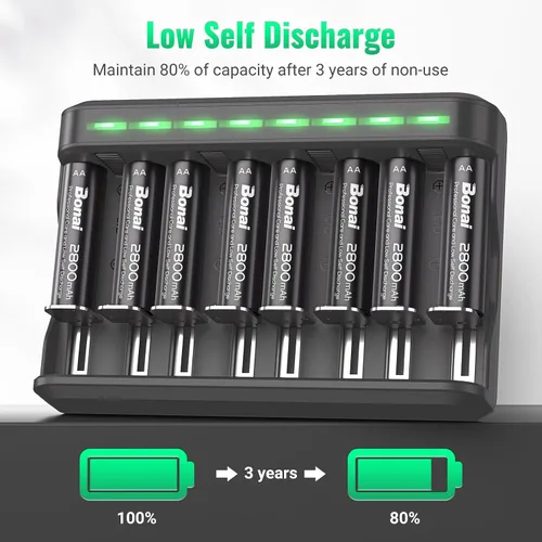 Miniatura 4 de BONAI Baterías recargables AA 2800mAh 8pack con cargador inteligente para AA AAA C D NiMH batería