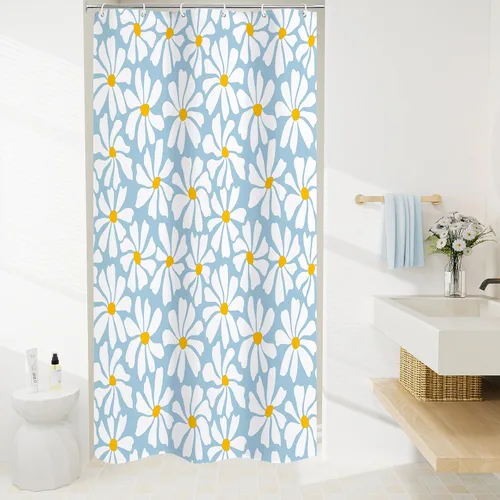Miniatura 25 de Litabel Cortina de Ducha Pequeña para Cabina 36 x 72 pulgadas, Cortina de Ducha Estrecha de Tela Floral de Media Margarita para Baño Femenino, Juego