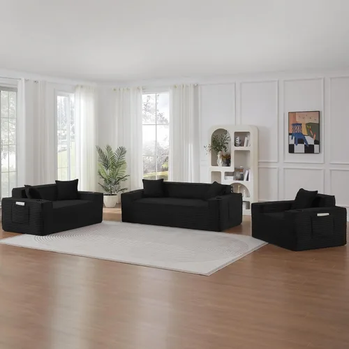 Miniatura 36 de Sofá sin hueso de 66.5 pulgadas con portavasos y bolsillos laterales, sofá biplaza tapizado de tela de pana moderna con 2 almohadas para sala