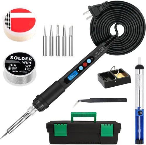Kit de soldadura de 60W con pantalla LED – Herramientas de soldadura de temperatura ajustable de 180-500°C con puntas, alambre, fundente, bomba de