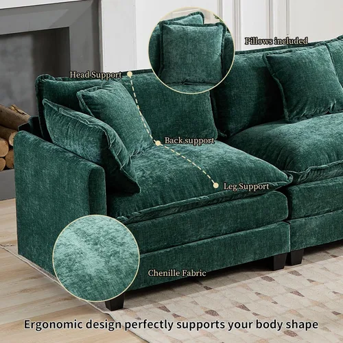 Miniatura 7 de Sofá seccional modular verde de 111.5", sofás seccionales grandes de 3 plazas para sala de estar, sofá nube oversized de tela chenille con otomana
