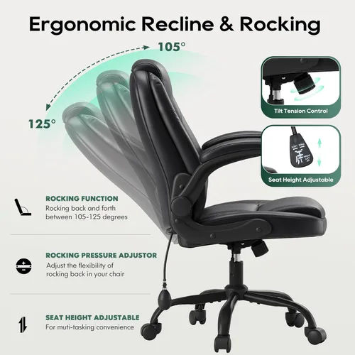 Miniatura 7 de MALOL Silla de oficina de cuero, silla de escritorio para computadora con soporte lumbar ajustable, cojín grueso, brazos abatibles y respaldo Negro