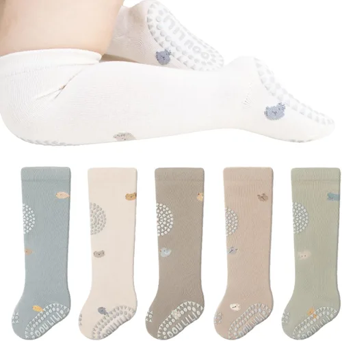 Calcetines antideslizantes hasta la rodilla para bebés y niños pequeños, calcetines antideslizantes para recién nacidos, 5 pares