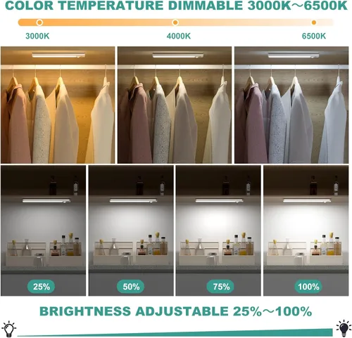 Miniatura 3 de Luces Bajo Gabinete con Sensor de Movimiento 3 Temperaturas de Color Luz LED para Closet, Luces Bajo Mostrador Recargables USB-C Luz Nocturna
