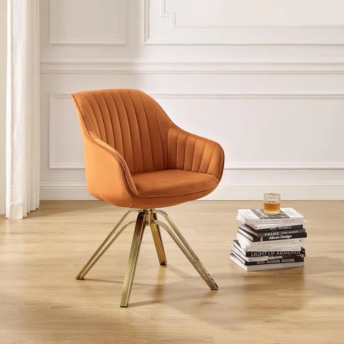 Miniatura 5 de Art Leon Silla giratoria moderna de mediados de siglo, silla de escritorio sin ruedas, sillón tapizado de tela con patas doradas, silla