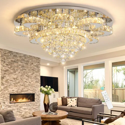HAIXIANG Candelabro moderno para sala de estar, lámpara de techo, lámpara de techo con control remoto, luces regulables, 32 pulgadas, luz de cristal