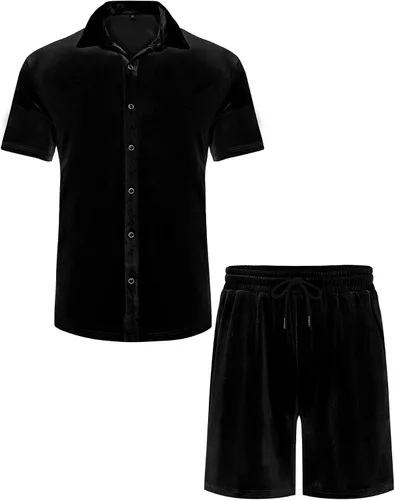 Miniatura 60 de LecGee Conjunto de pantalones cortos casuales de verano para hombre, camisa de terciopelo de manga corta con botones, pantalones cortos de cintura