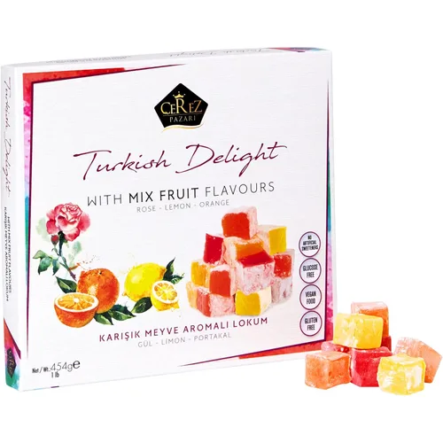 Cerez Pazari - Delicia turca con sabores de rosa, naranja y limón, mezcla de 14 oz. Caja de regalo con snacks gourmet tamaño mediano. Sin nueces.