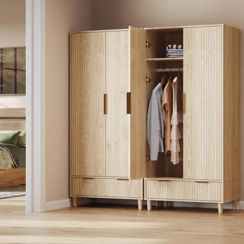 Miniatura 8 de VINGLI Armario Ropero Acanalado con Puertas y Cajones, Gabinete Armario con Barra para Colgar, Armario de Dormitorio de Madera de Roble, Armario