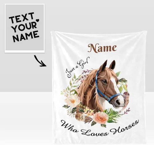 Miniatura 2 de Manta personalizada con texto en inglés «Just a Girl Who Loves Hors», manta de forro polar suave con nombre para regalos, sofá cama